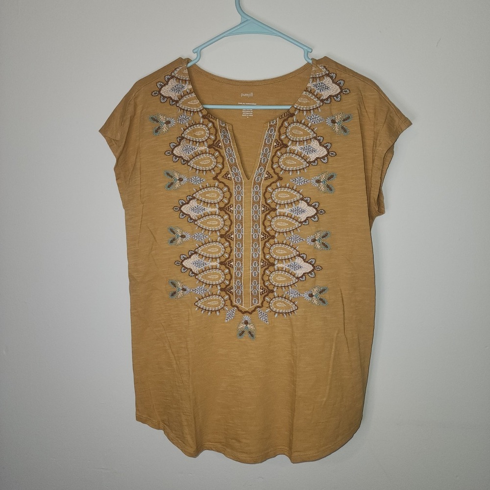 J. Jill Pure Jill Embroidered Cap Sleeve Tee M Mustard Yellow Cotton Split Neck